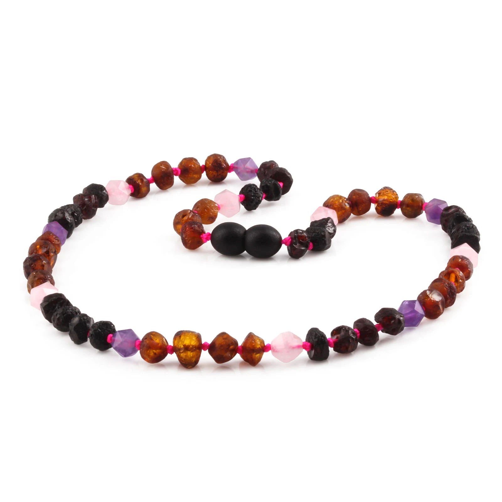 Natural Baltic Amber Junior Necklace with Amethyst & Rose Quartz. Baroque 6mm - JN110
