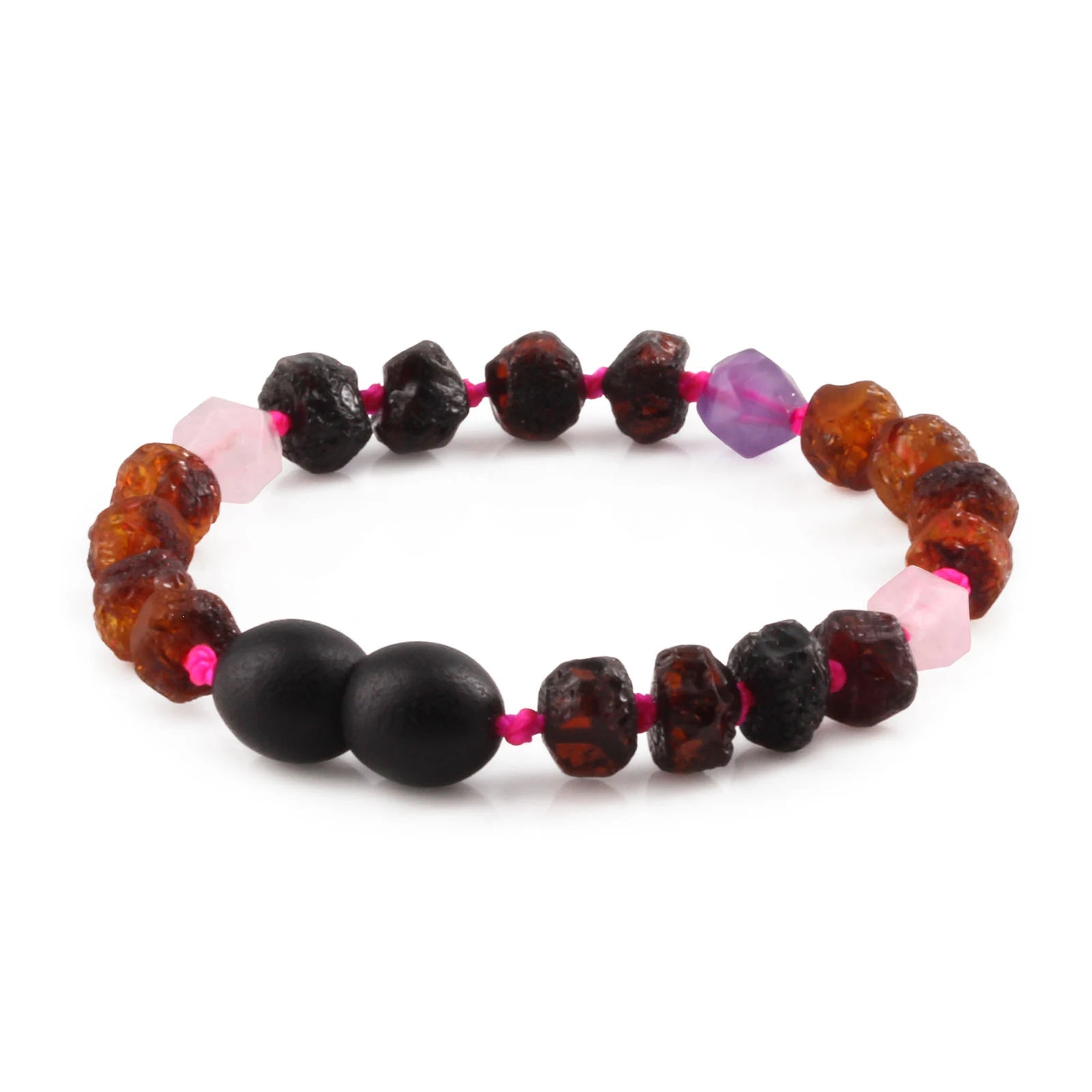 Baltic Amber Teething Bracelet with Amethyst & Rose Quartz. Baroque 6mm - LE561