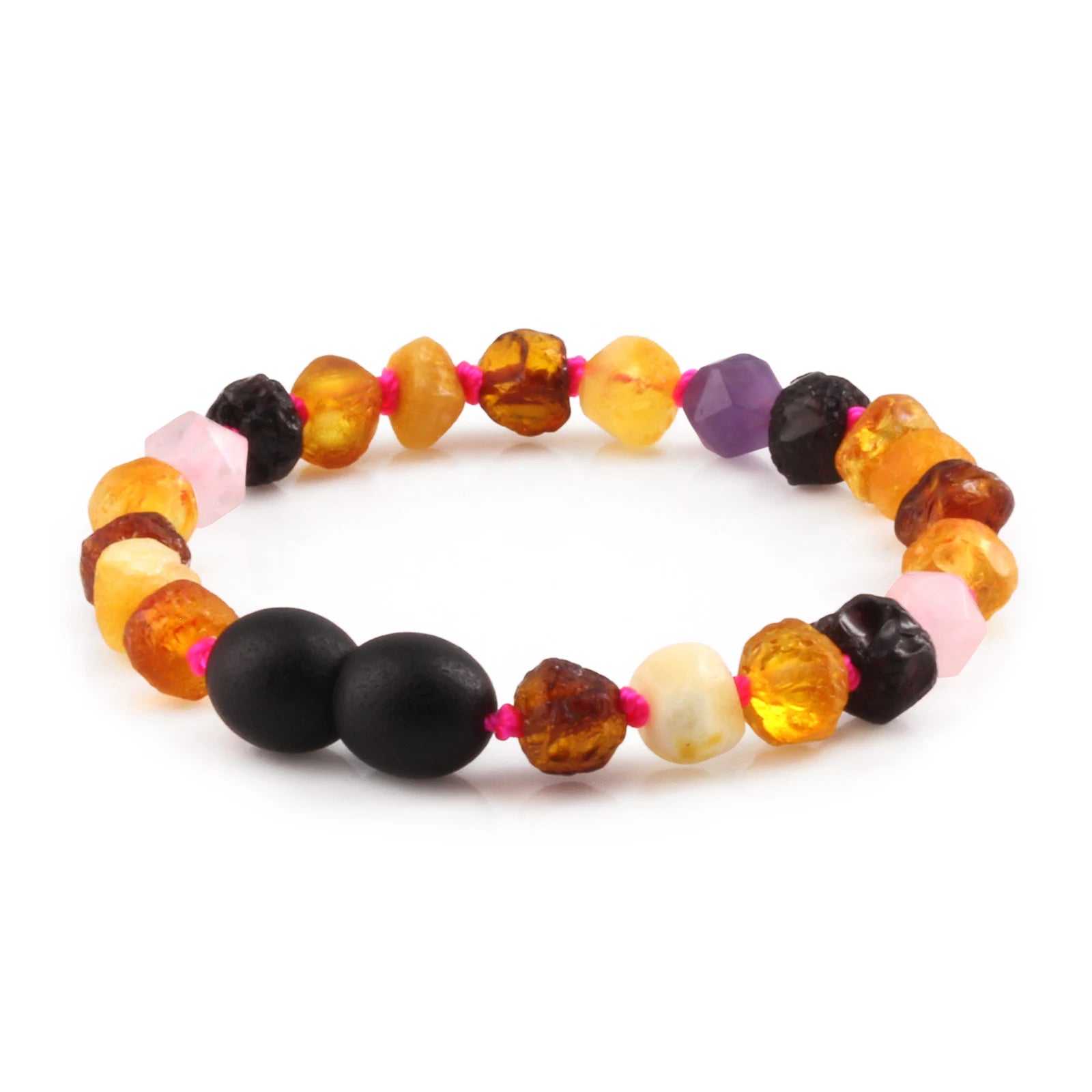 Baltic Amber Teething Bracelet with Amethyst & Rose Quartz. Baroque 6mm - LE560