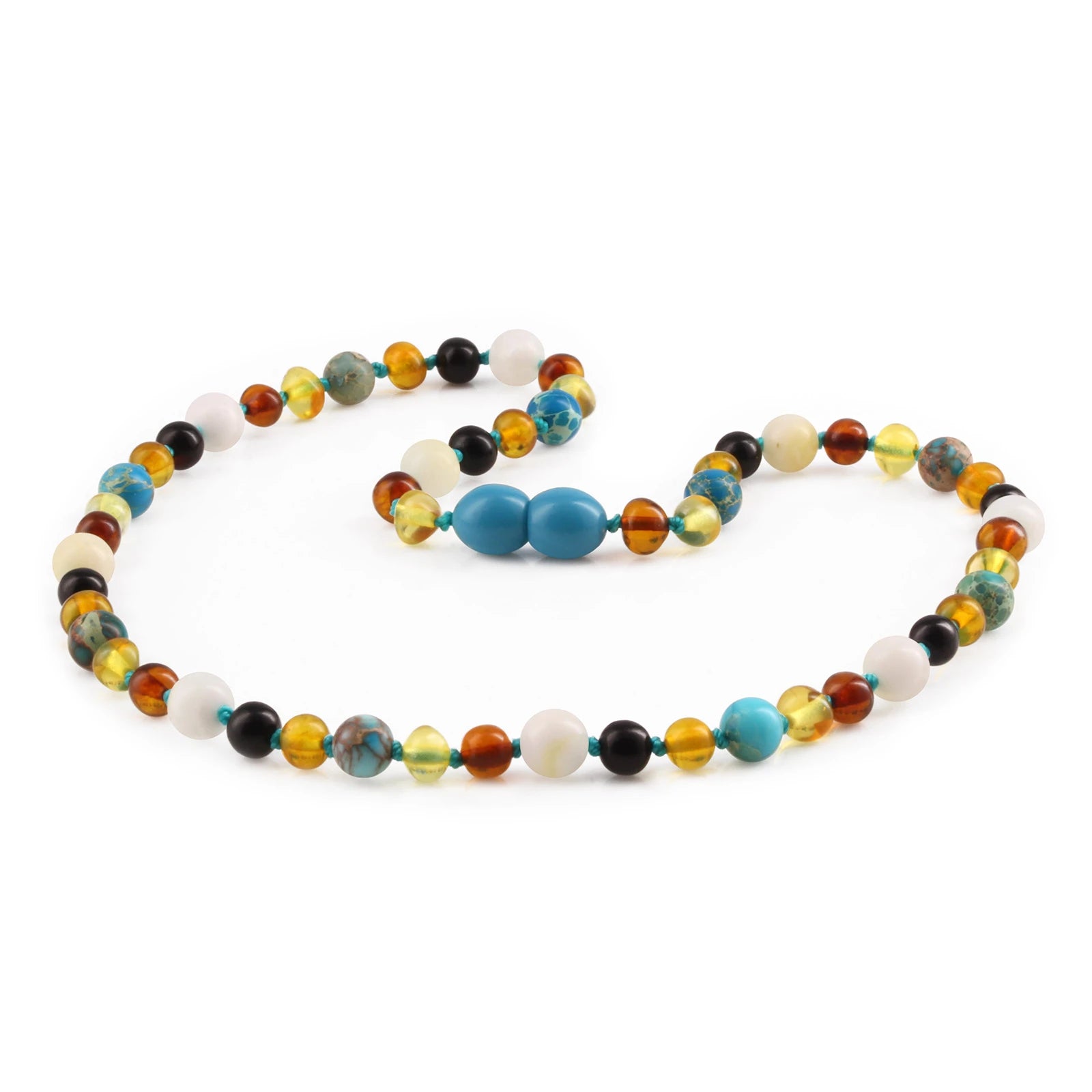 Natural Baltic Amber Junior Necklace with Lake Blue Imperial Jasper & Tridacna Shell. Baroque 5mm - JN96-T