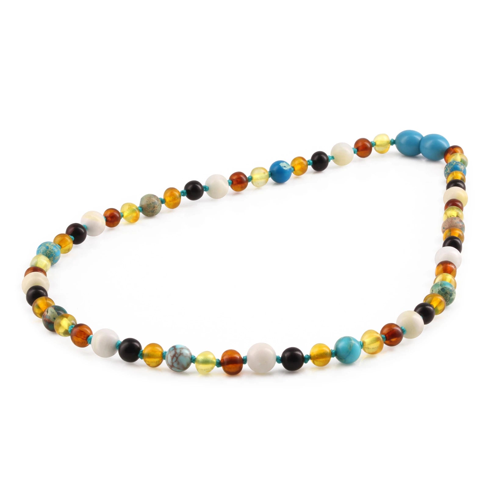 Natural Baltic Amber Junior Necklace with Lake Blue Imperial Jasper & Tridacna Shell. Baroque 5mm - JN96-T
