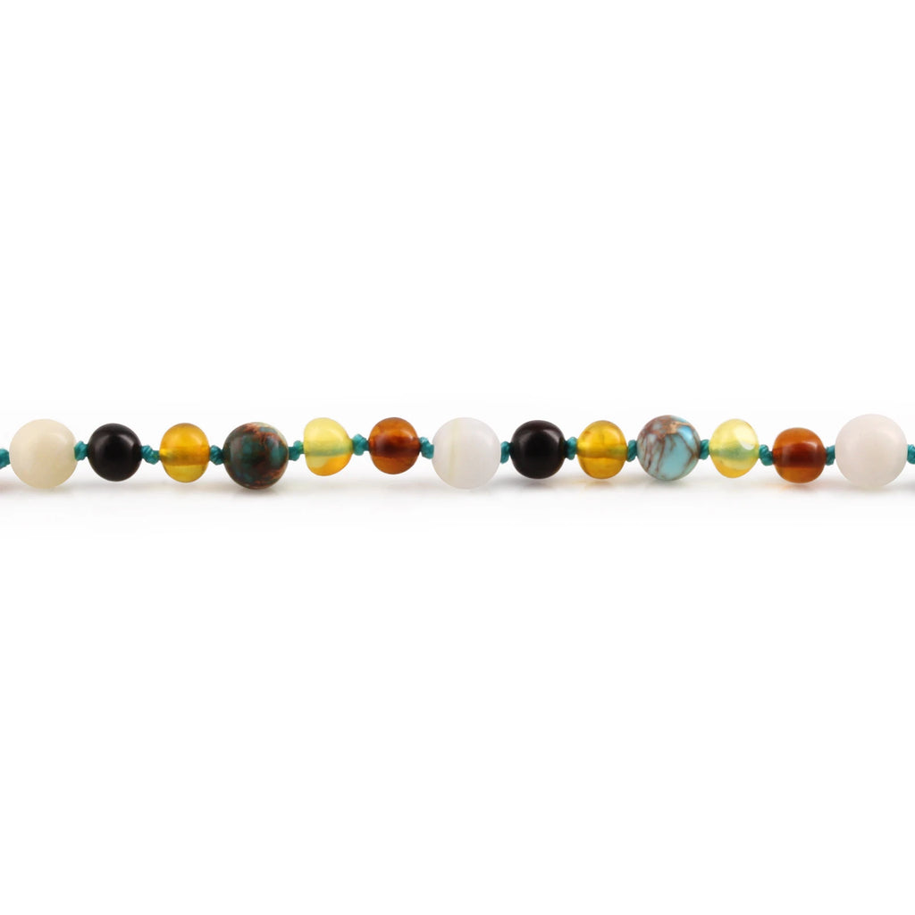 Natural Baltic Amber Junior Necklace with Lake Blue Imperial Jasper & Tridacna Shell. Baroque 5mm - JN96-T