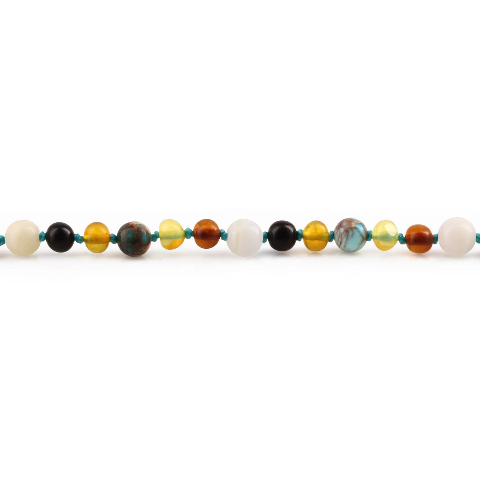 Natural Baltic Amber Junior Necklace with Lake Blue Imperial Jasper & Tridacna Shell. Baroque 5mm - JN96-T