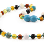 Baltic Amber Teething Necklace with Lake Blue Imperial Jasper & Tridacna Shell. Baroque 5mm - LE474-T