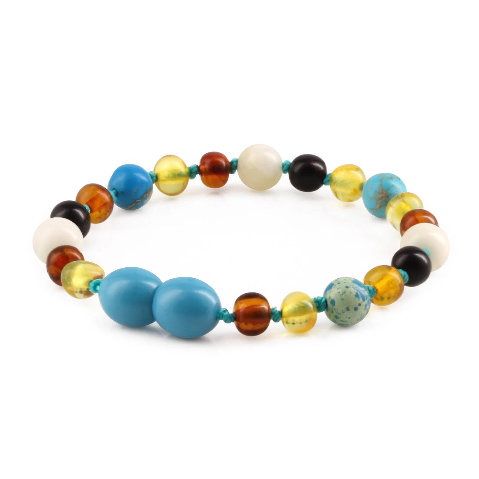 Baltic Amber Teething Bracelet with Lake Blue Imperial Jasper & Tridacna Shell. Baroque 5mm - LE474-T