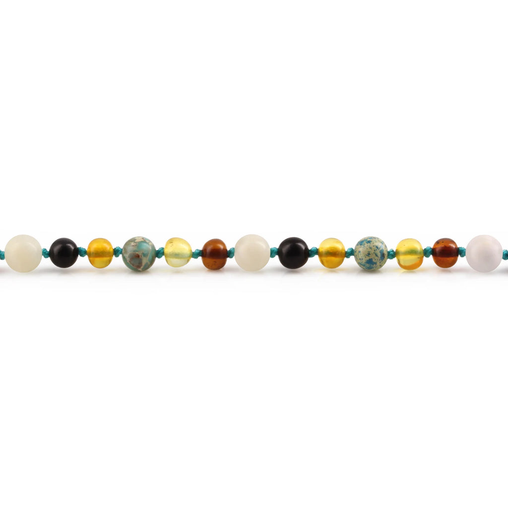 Baltic Amber Teething Necklace with Lake Blue Imperial Jasper & Tridacna Shell. Baroque 5mm - LE474-T