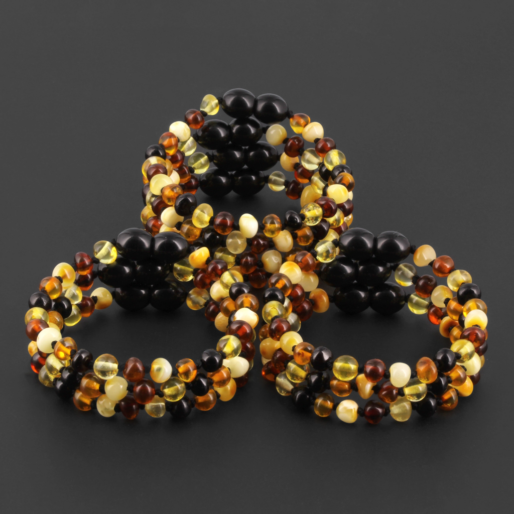 Baltic Amber Baby Teething Bracelet Baroque Multicolor Glossy Finish - Wholesale Lot of 10pcs - 14cm / 5.5in - XB54M2