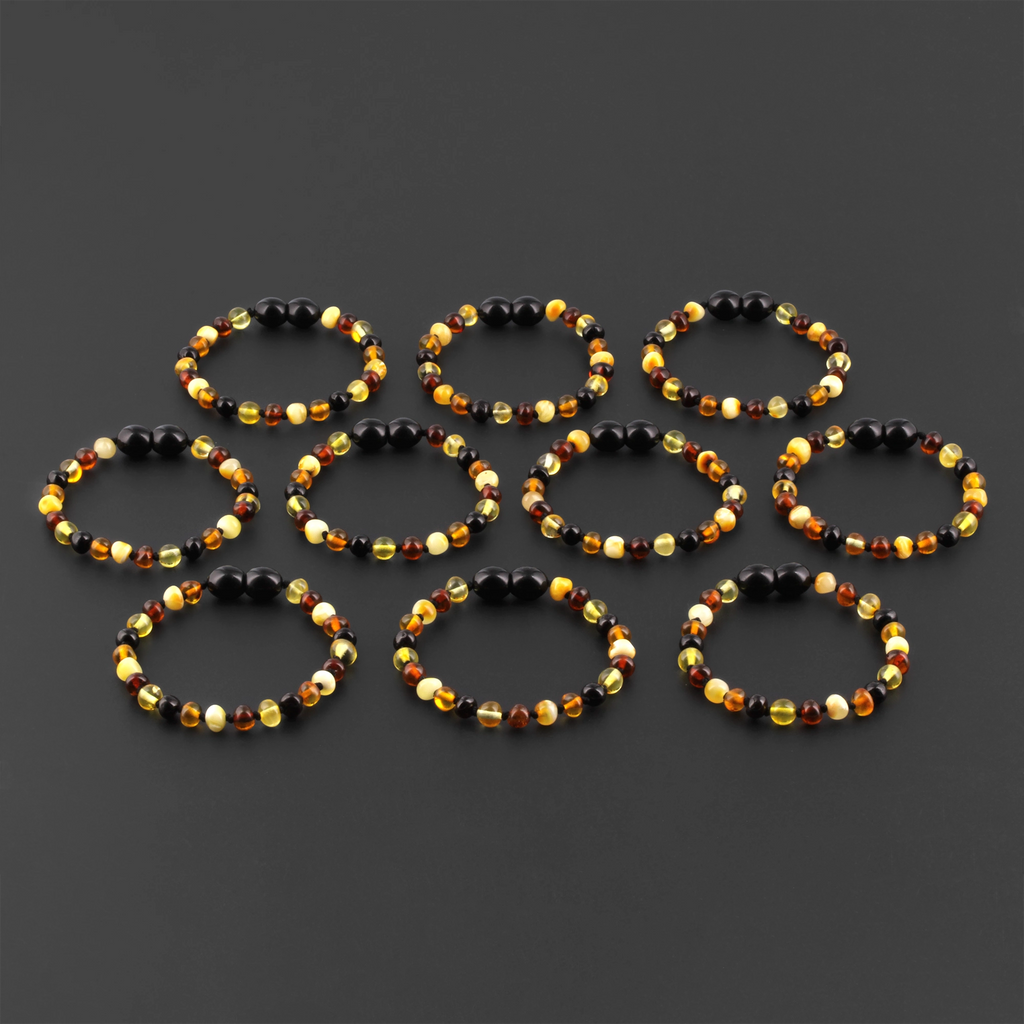 Baltic Amber Baby Teething Bracelet Baroque Multicolor Glossy Finish - Wholesale Lot of 10pcs - 14cm / 5.5in - XB54M2