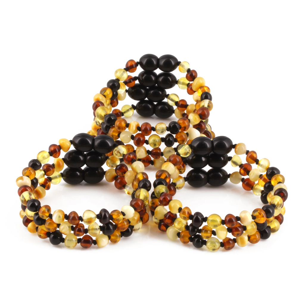 Baltic Amber Baby Teething Bracelet Baroque Multicolor Glossy Finish - Wholesale Lot of 10pcs - 14cm / 5.5in - XB54M2