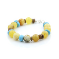 Yellow Baltic amber adult bracelet with turquoise, wood and sterling silver, 22cm
