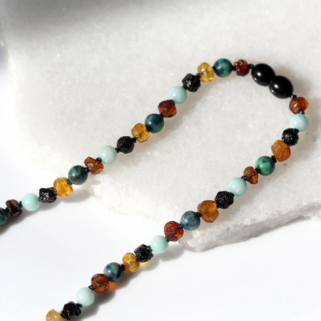 Natural Baltic Amber Junior Necklace with Sky Blue Jade & Azurite. Baroque 5mm - JN108