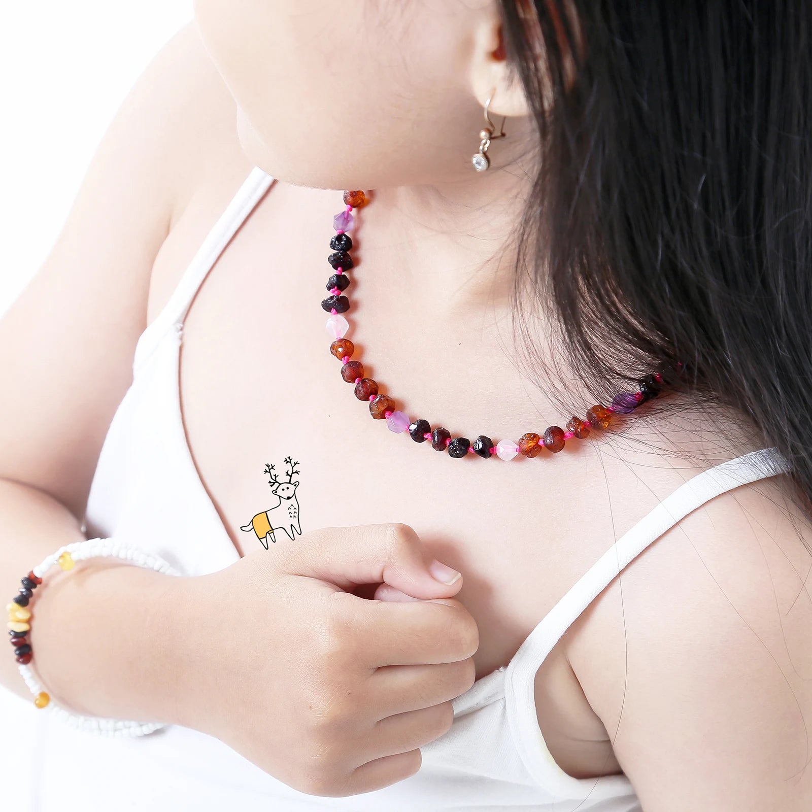 Natural Baltic Amber Junior Necklace with Amethyst & Rose Quartz. Baroque 6mm - JN110