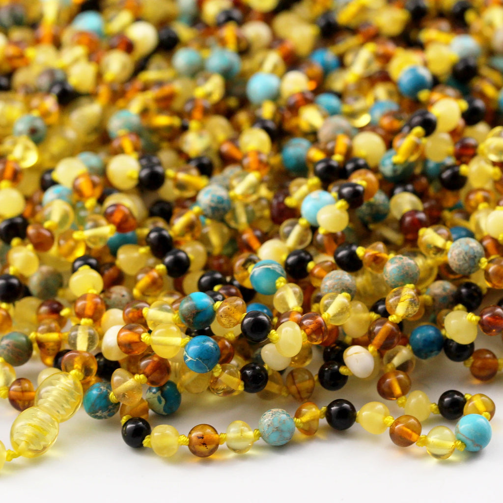 Natural Baltic Amber Junior Necklace with Lake Blue Imperial Jasper. Baroque 5mm - JN96