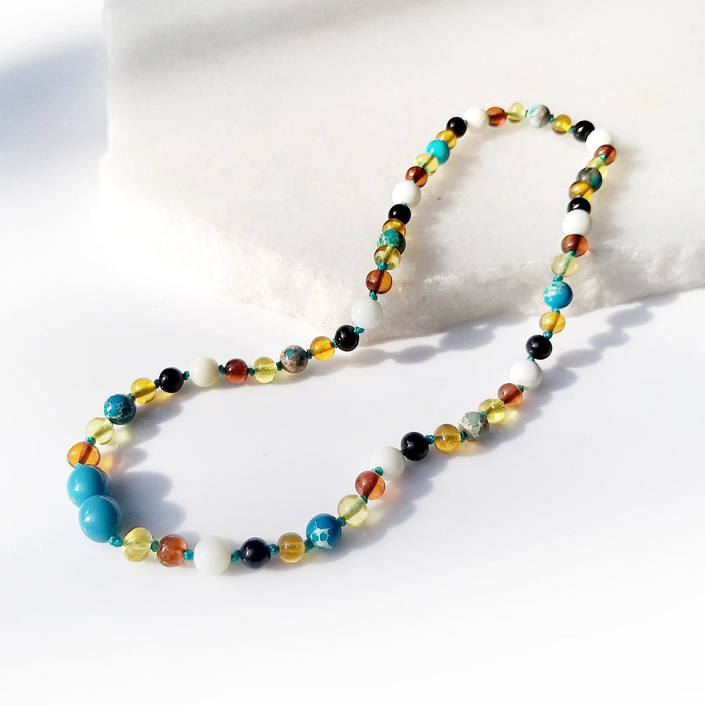 Natural Baltic Amber Junior Necklace with Lake Blue Imperial Jasper & Tridacna Shell. Baroque 5mm - JN96-T