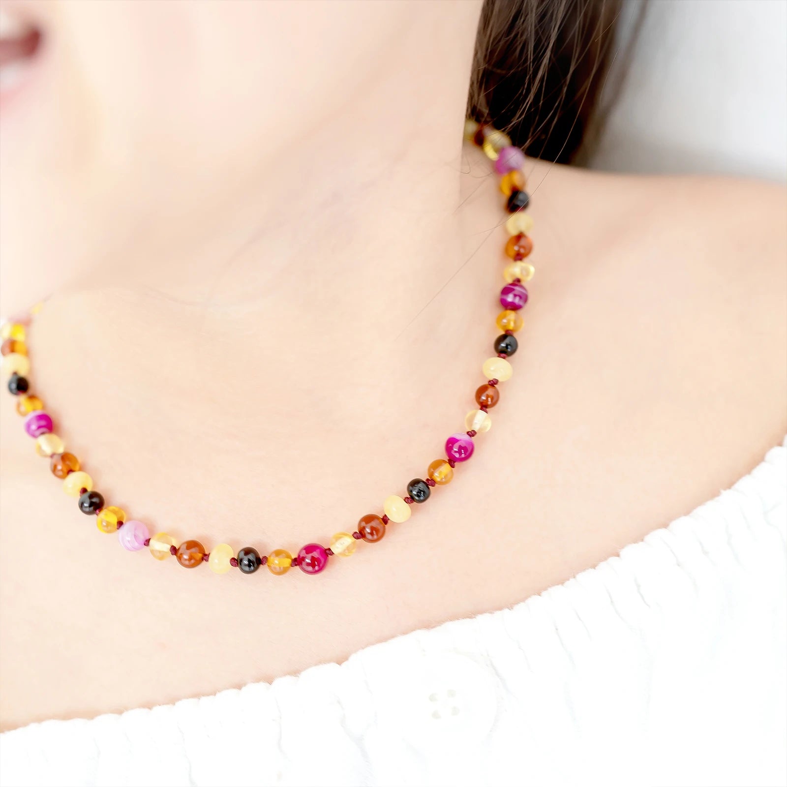 Natural Baltic Amber Junior Necklace with Pink Lace Agate. Baroque 5mm - JN97