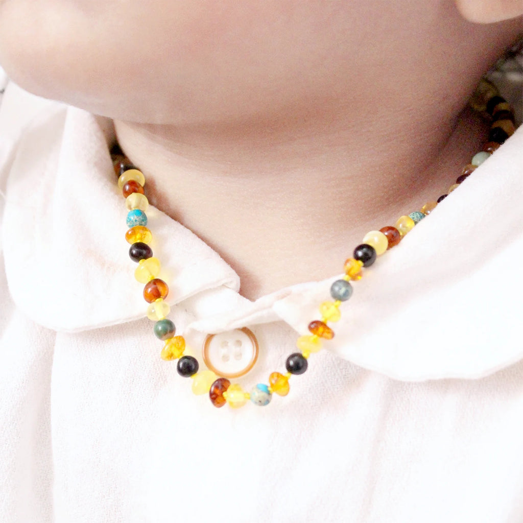 Baltic Amber Teething Necklace with Lake Blue Imperial Jasper. Baroque 4mm - LE474-S