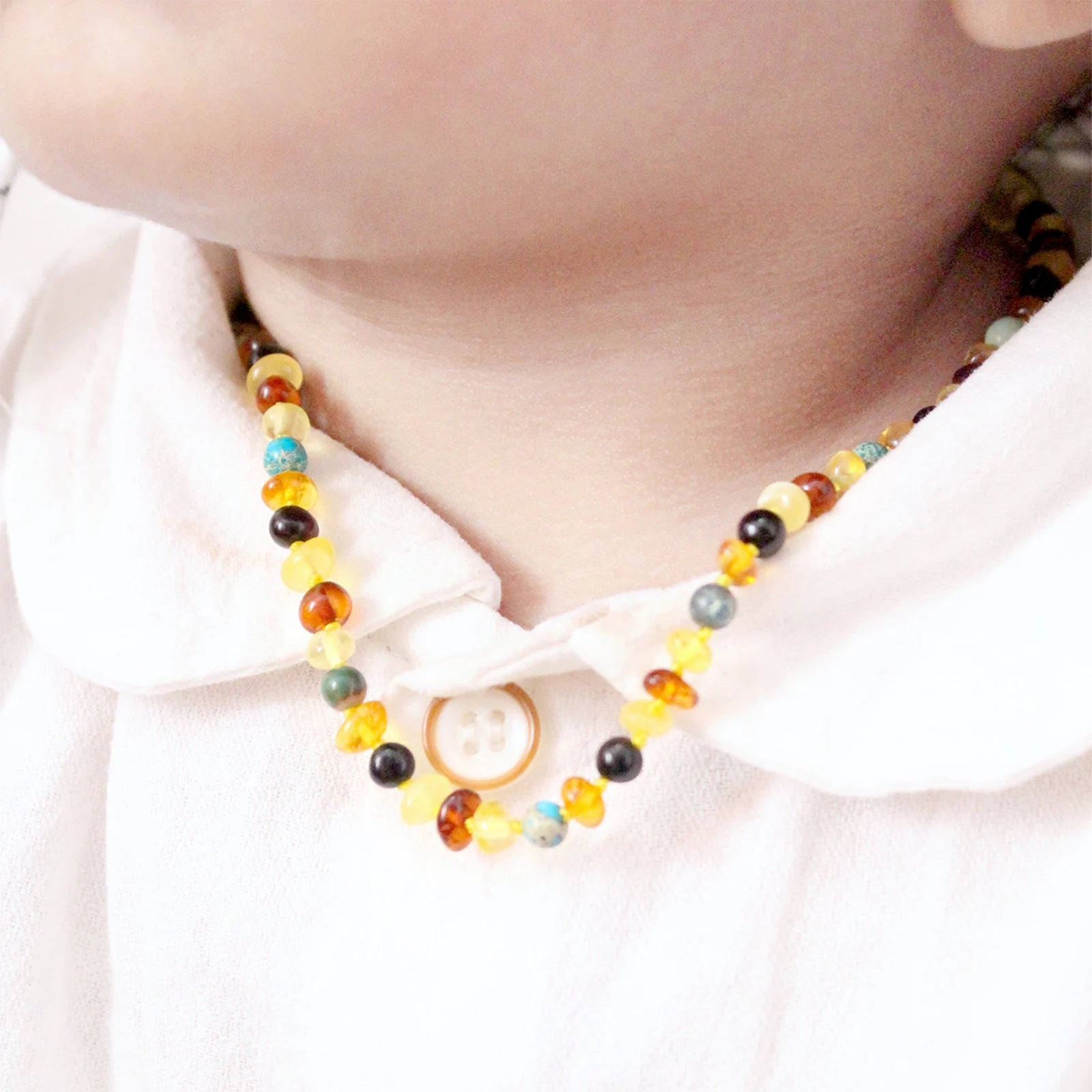 Baltic Amber Teething Necklace with Lake Blue Imperial Jasper. Baroque 4mm - LE474-S