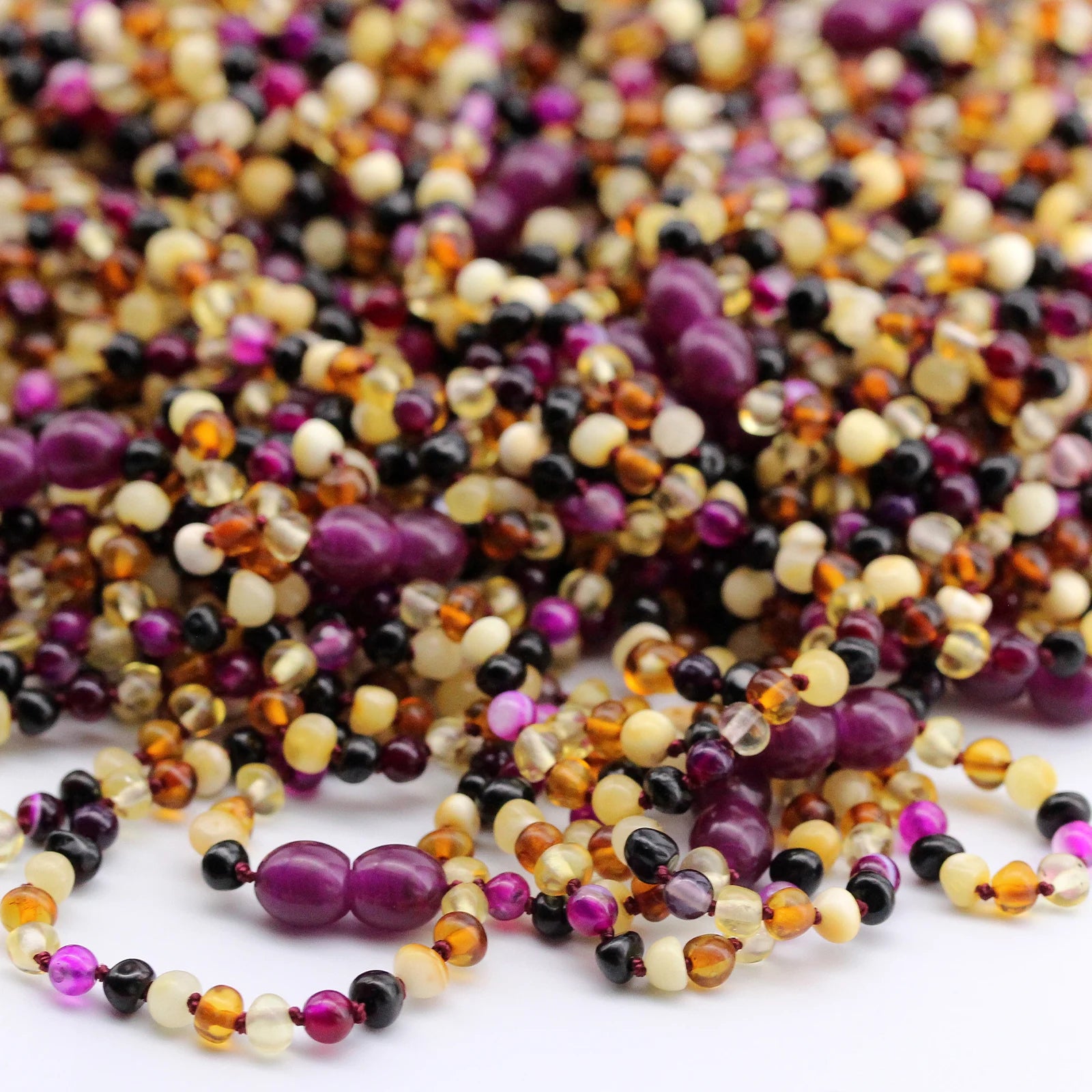 Baltic Amber Teething Necklace with Pink Lace Agate. Baroque 5mm - LE458
