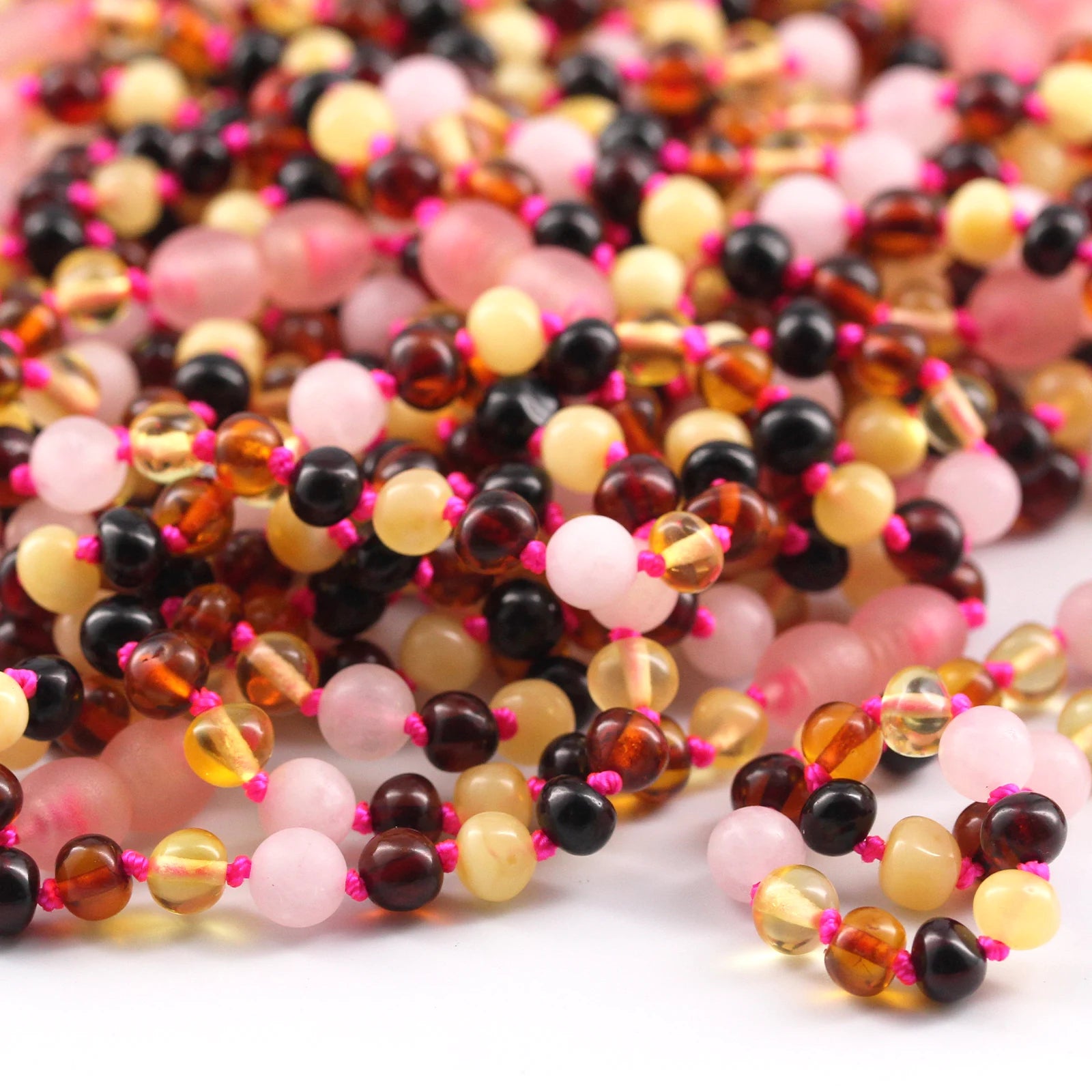 Baltic Amber Teething Necklace with Rose Quartz. Baroque 5mm - LE459