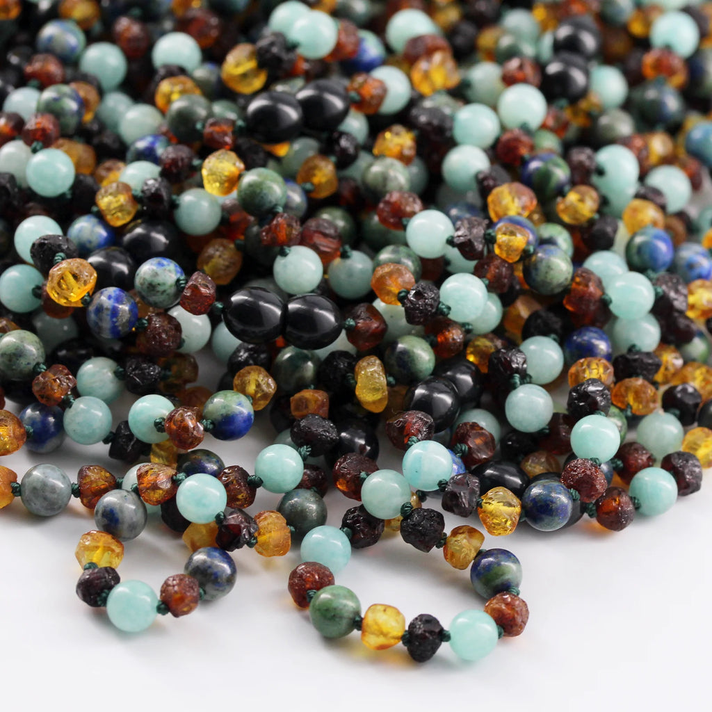 Baltic Amber Teething Necklace with Sky Blue Jade & Azurite. Baroque 5mm - LE470 V2