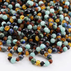 Baltic Amber Teething Necklace with Sky Blue Jade & Azurite. Baroque 5mm - LE470 V2