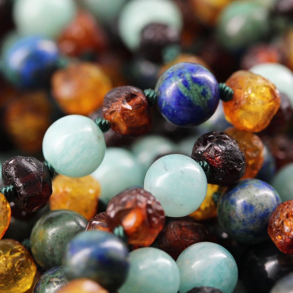 Baltic Amber Teething Necklace with Sky Blue Jade & Azurite. Baroque 5mm - LE470 V2