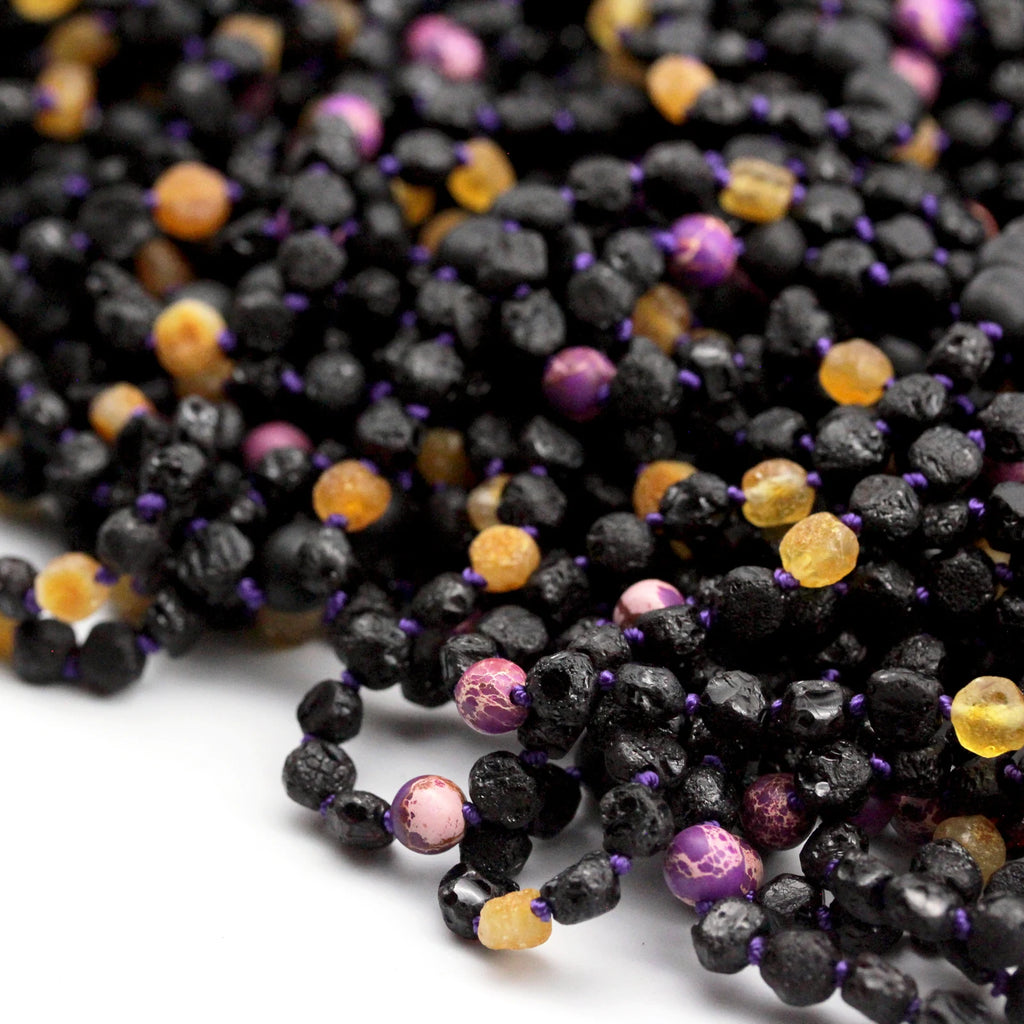 Baltic Amber Teething Necklace with Purple Imperial Jasper. Baroque 6mm - LE484