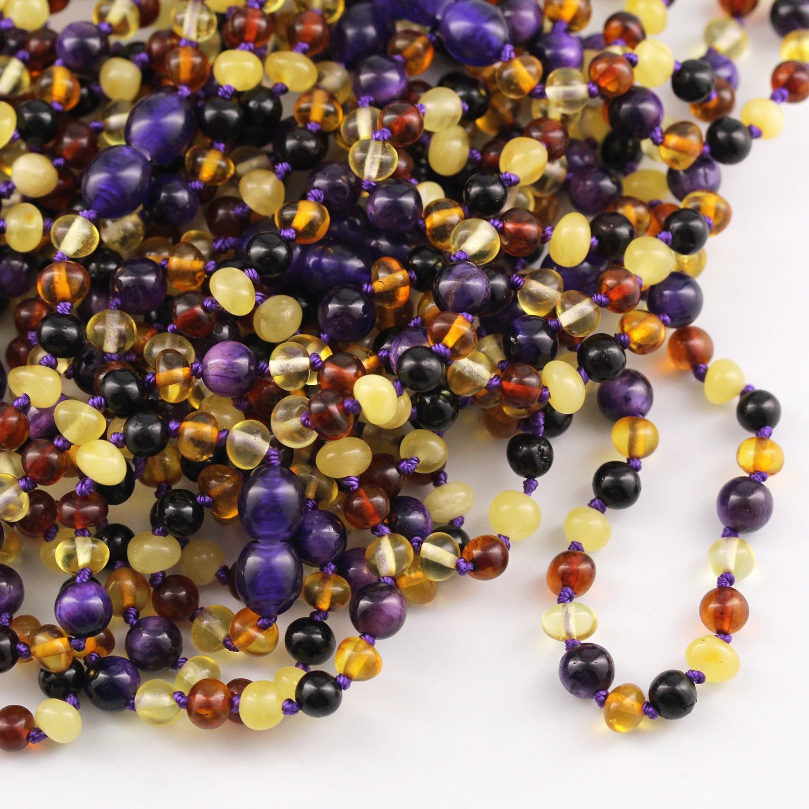 Baltic Amber Teething Necklace with Purple Tiger Eye. Baroque 5mm - LE554