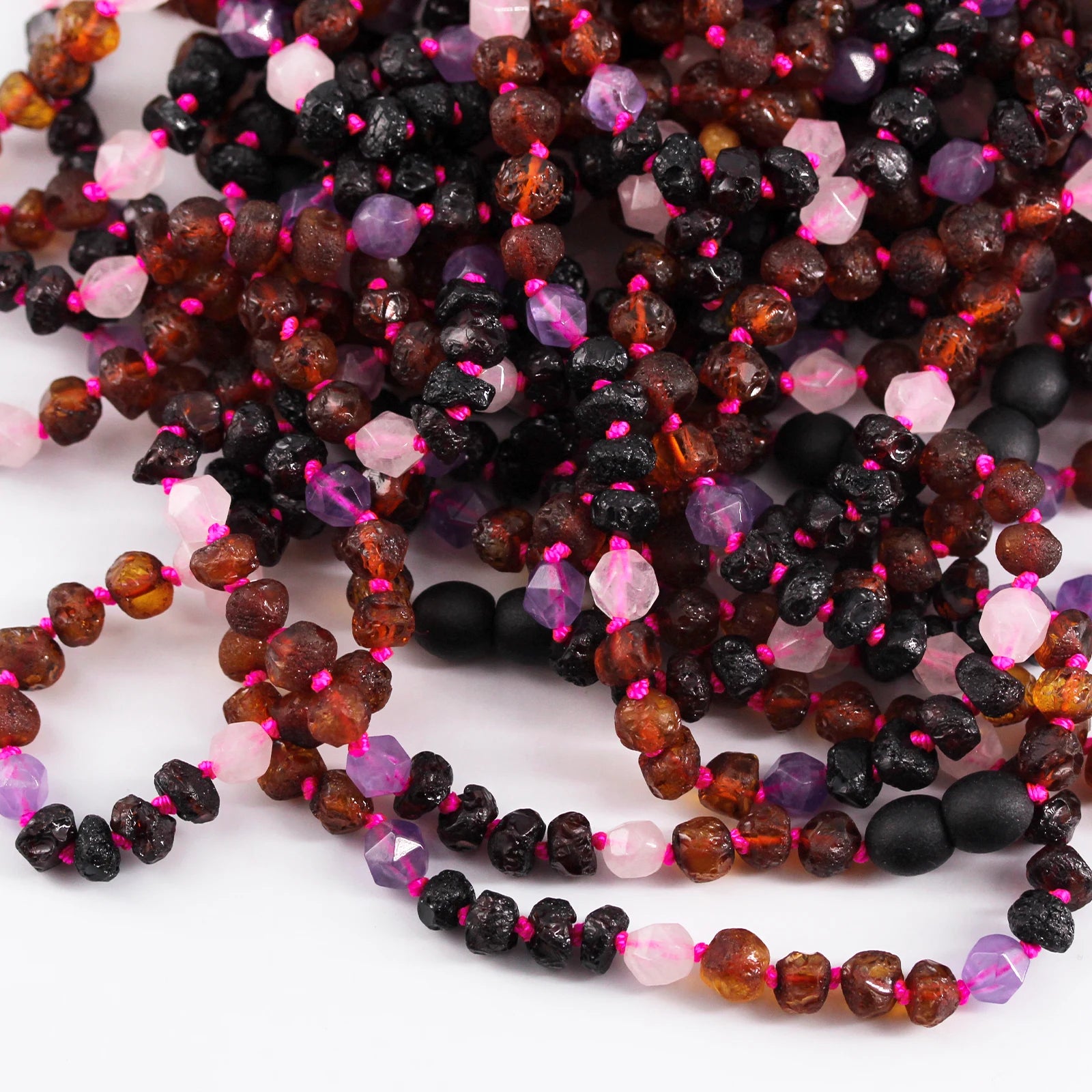 Baltic Amber Teething Necklace with Amethyst & Rose Quartz. Baroque 6mm - LE561