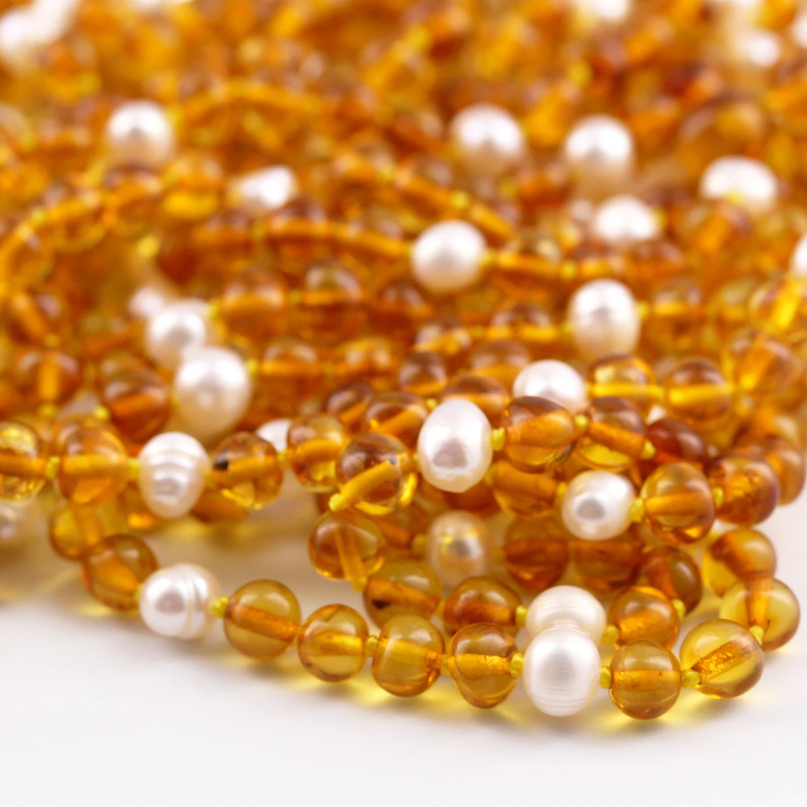 Baltic Amber Teething Necklace with Freshwater Pearl. Baroque 6mm - P1