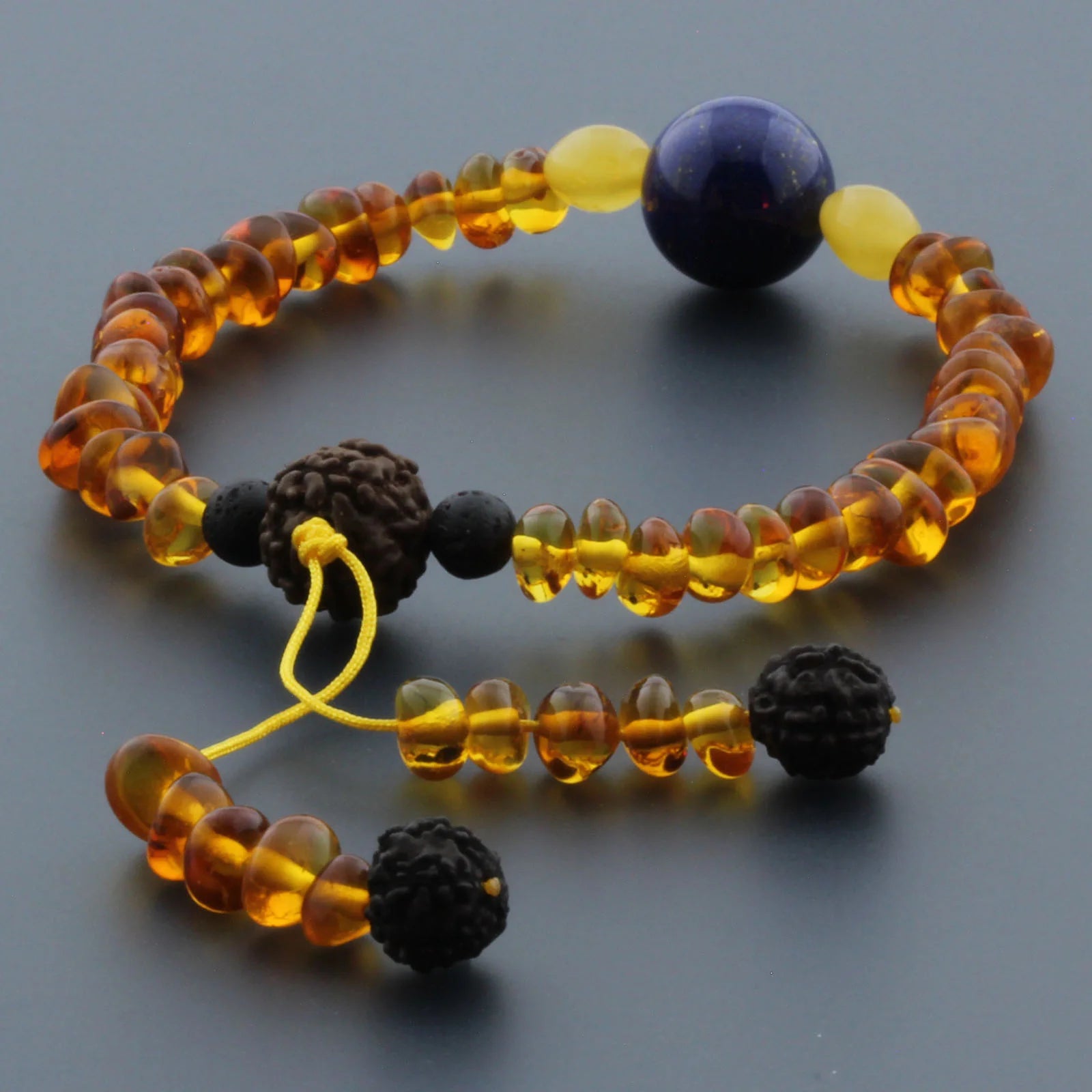 Adult Baltic Amber Bracelet with Lapis Lazuli Mala Tassel. MS05