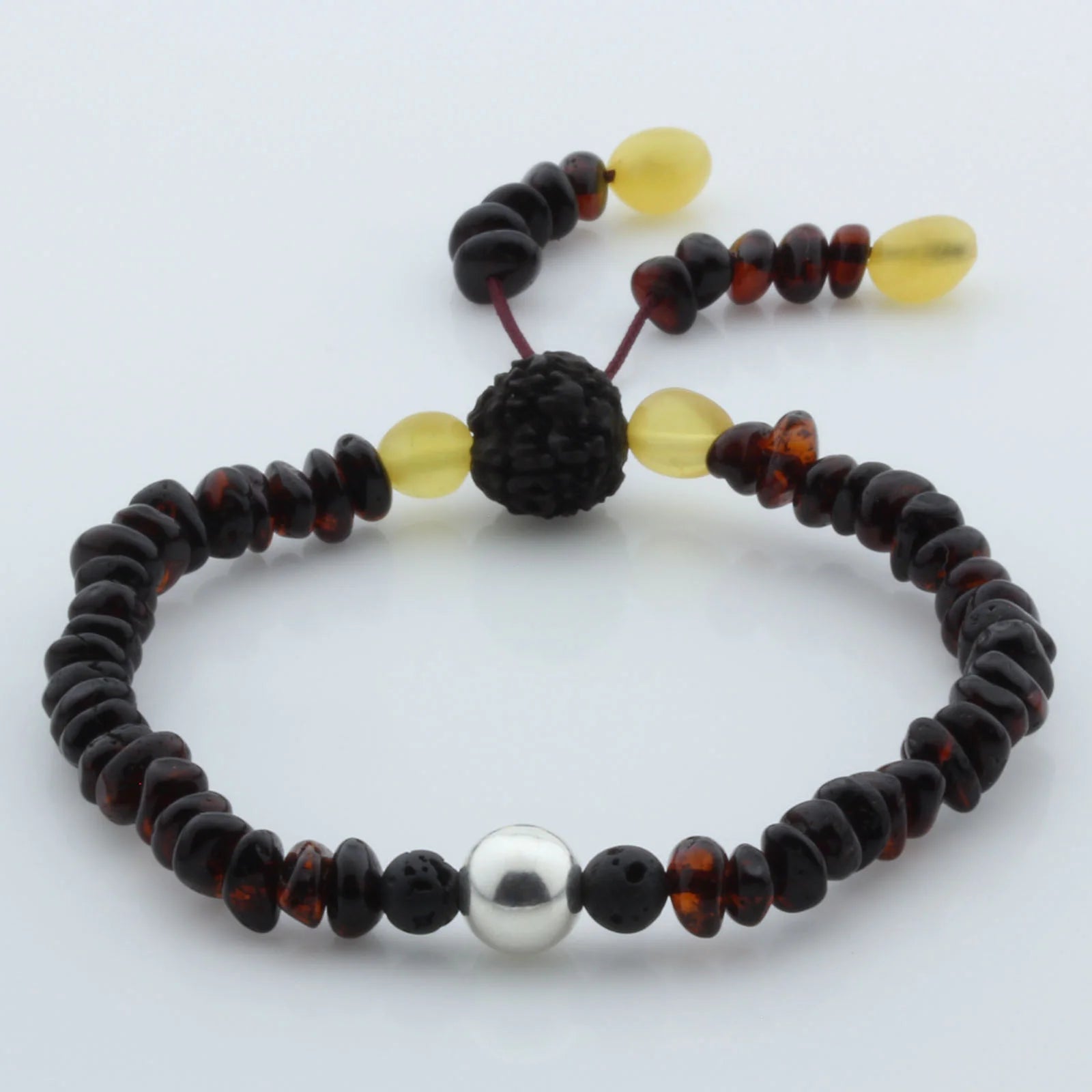 Adult Baltic Amber Bracelet with Lava Stone Mala Tassel. MS08