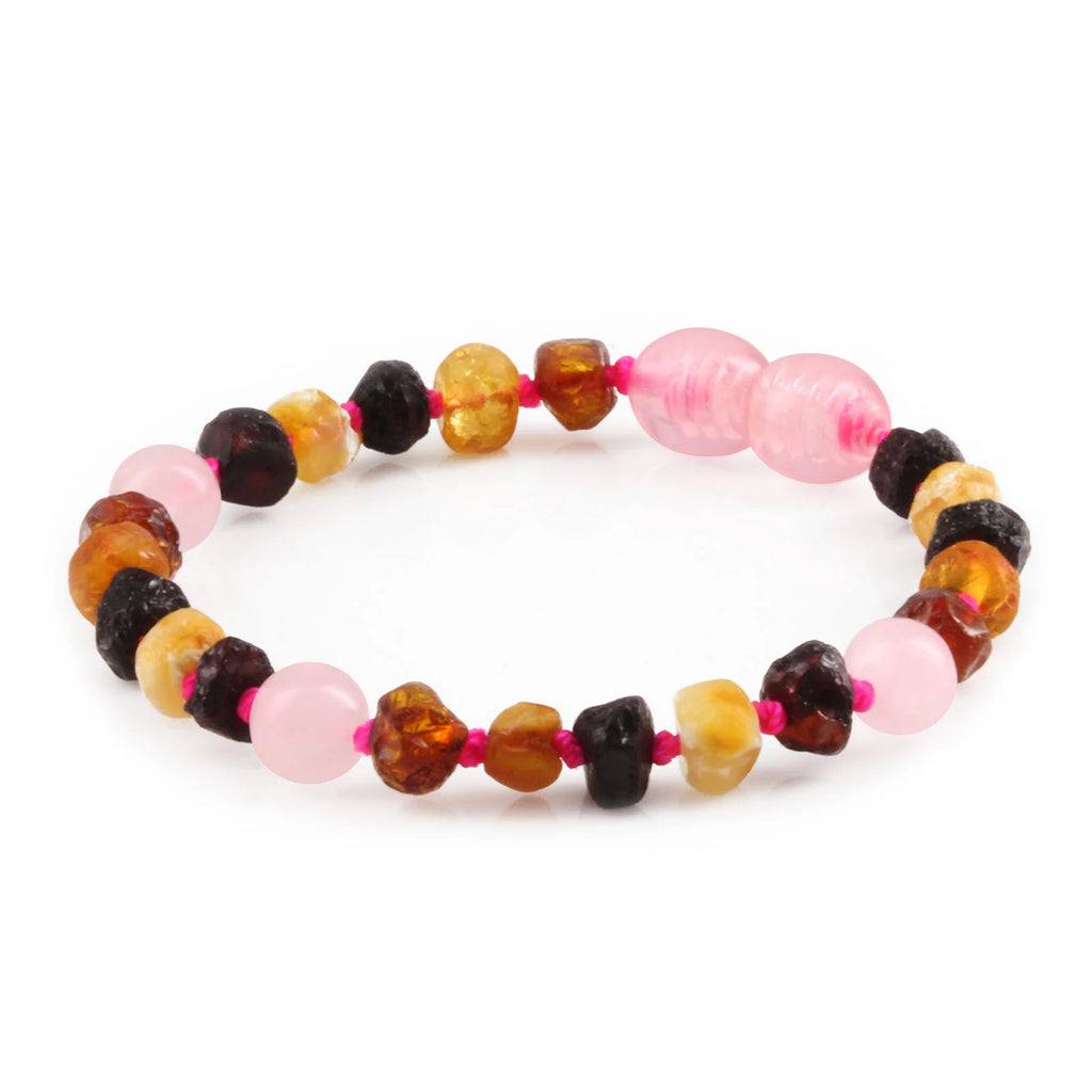Baltic Amber Teething Bracelet with Rose Quartz. Baroque 5mm - LE553