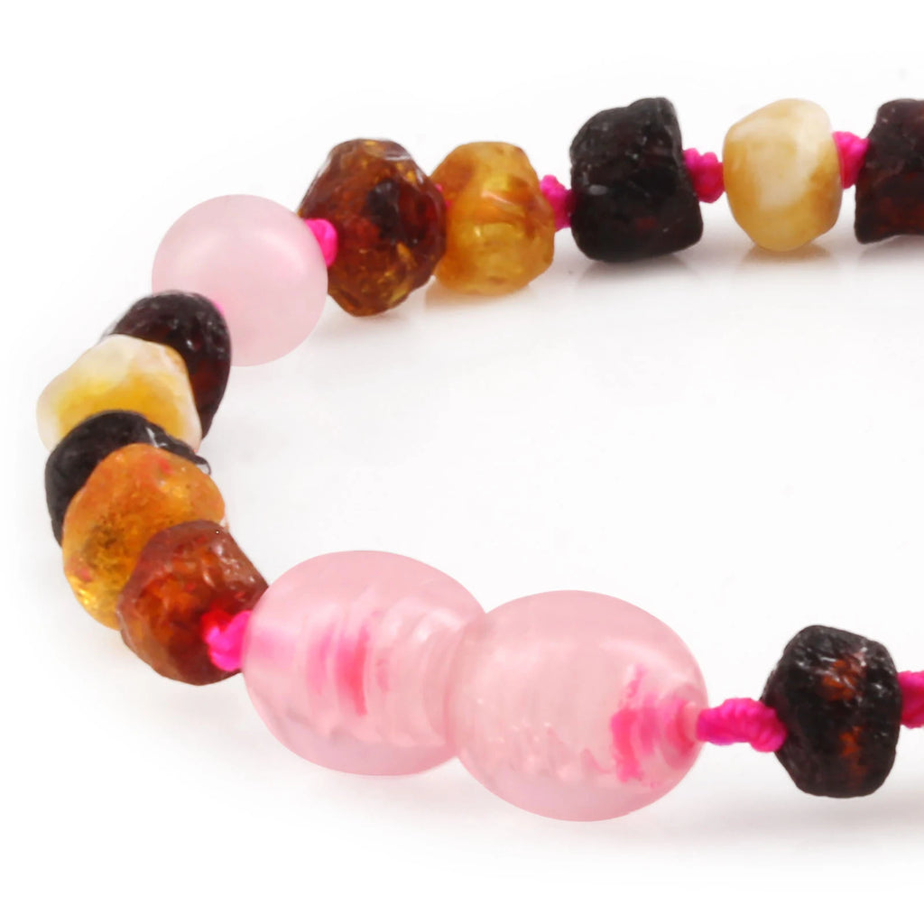 Baltic Amber Teething Bracelet with Rose Quartz. Baroque 5mm - LE553