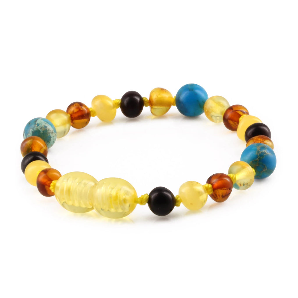 Baltic Amber Teething Bracelet with Lake Blue Imperial Jasper. Baroque 5mm - LE474