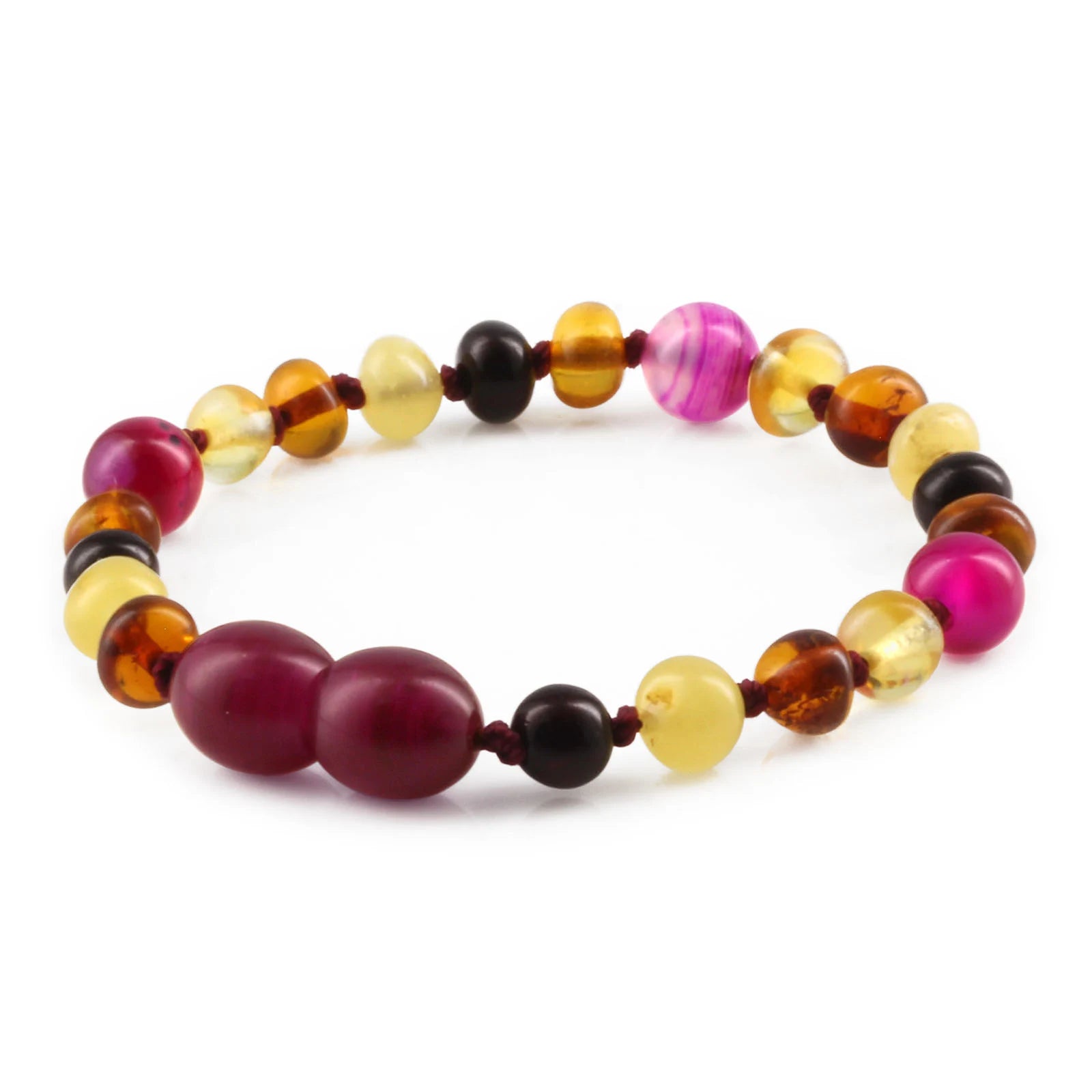 Baltic Amber Teething Bracelet with Pink Lace Agate. Baroque 5mm - LE458