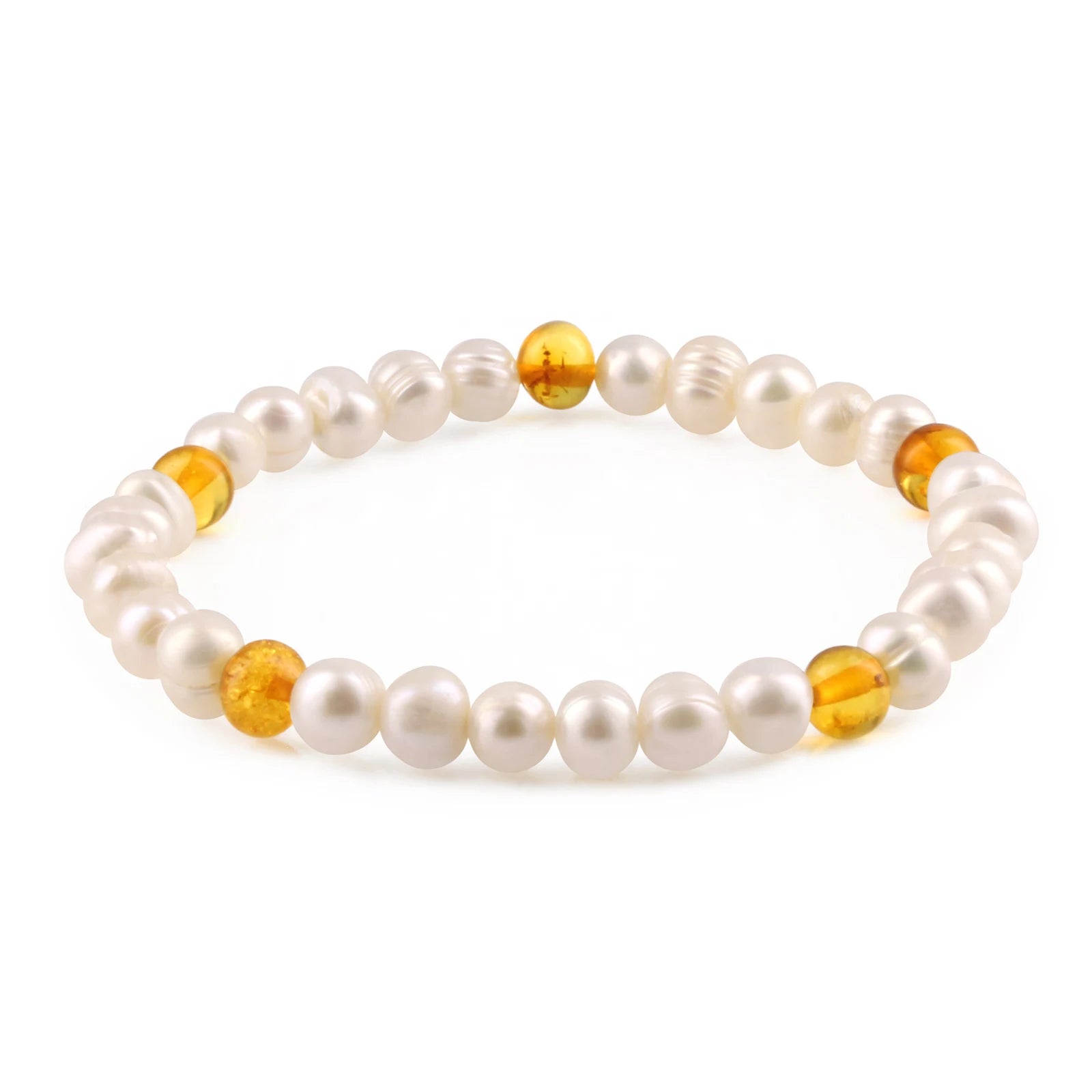 White Freshwater Pearl Adult Bracelet with Baltic Amber 6mm - P2