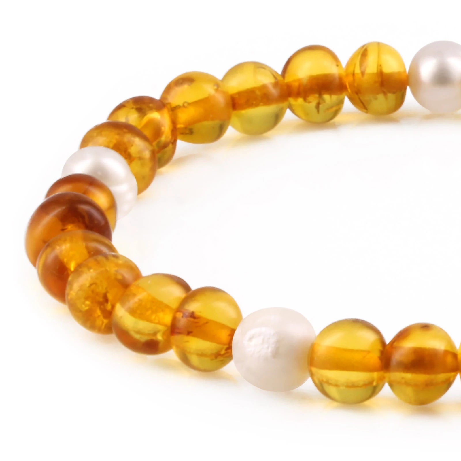 Natural Baltic Amber Adult Bracelet with Freshwater Pearl. Baroque 6mm - P1