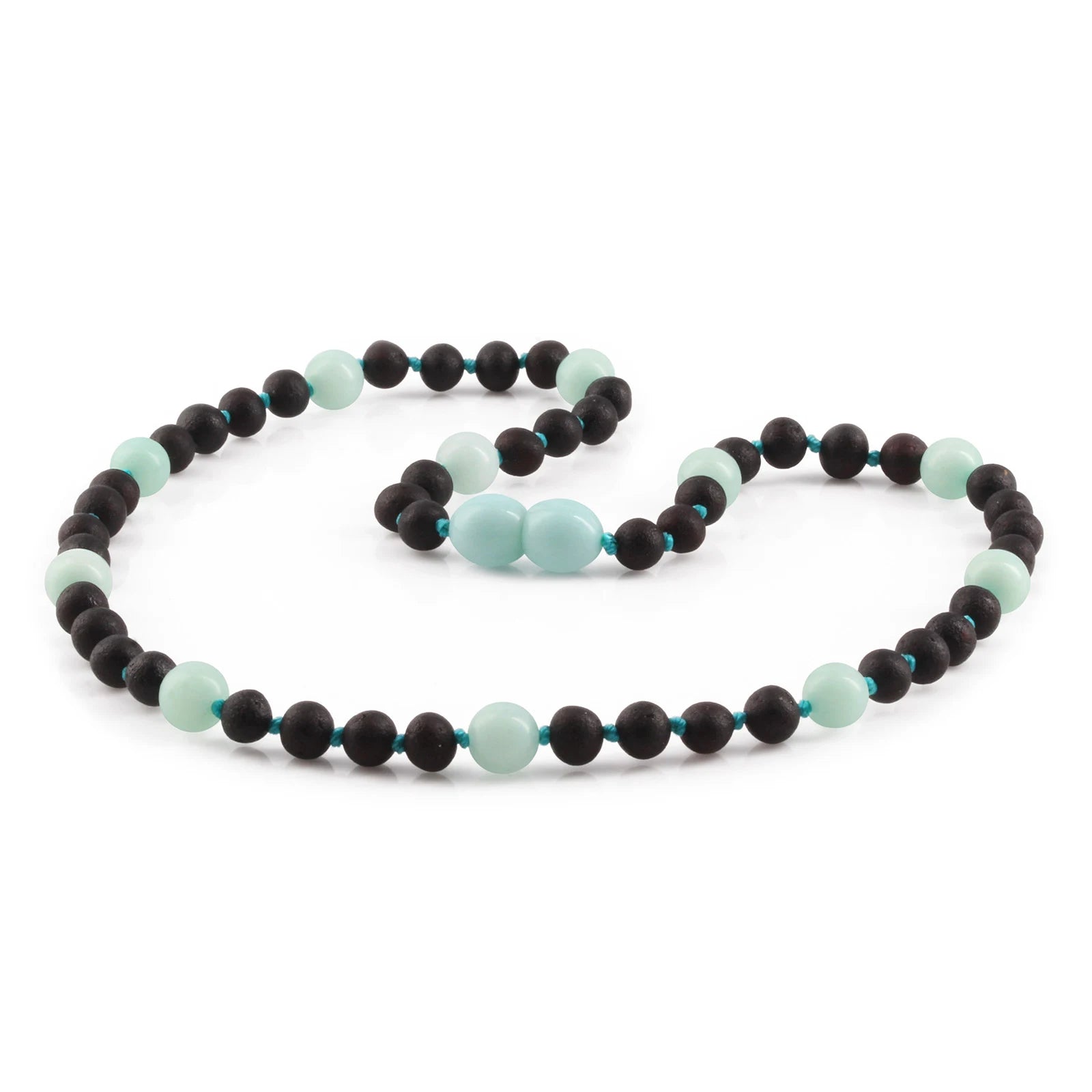 Natural Baltic Amber Junior Necklace with Sky Blue Jade. Baroque 5mm - JN85
