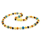 Natural Baltic Amber Junior Necklace with Lake Blue Imperial Jasper. Baroque 5mm - JN96