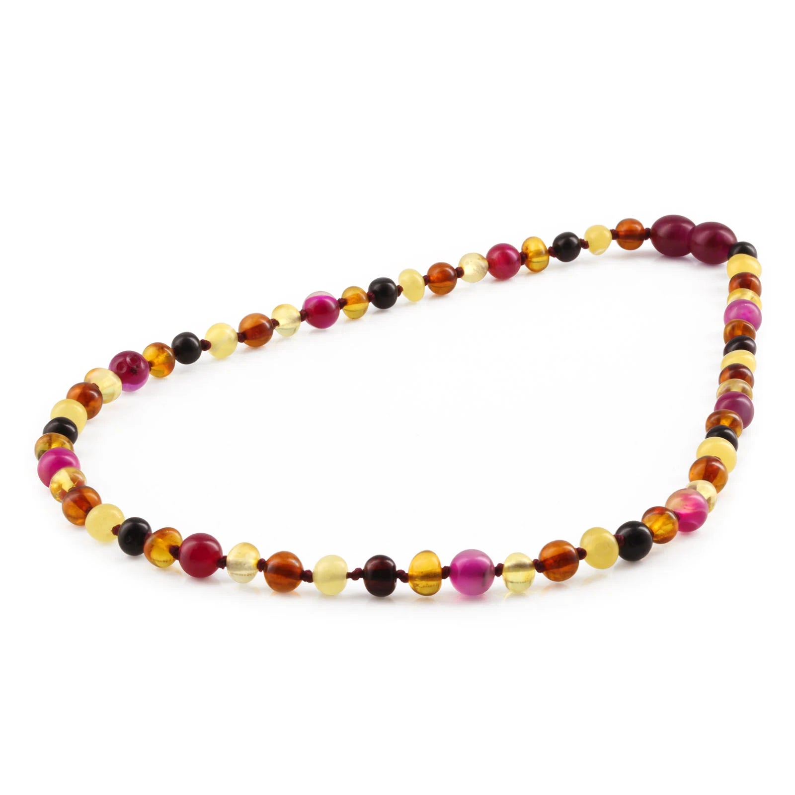 Natural Baltic Amber Junior Necklace with Pink Lace Agate. Baroque 5mm - JN97