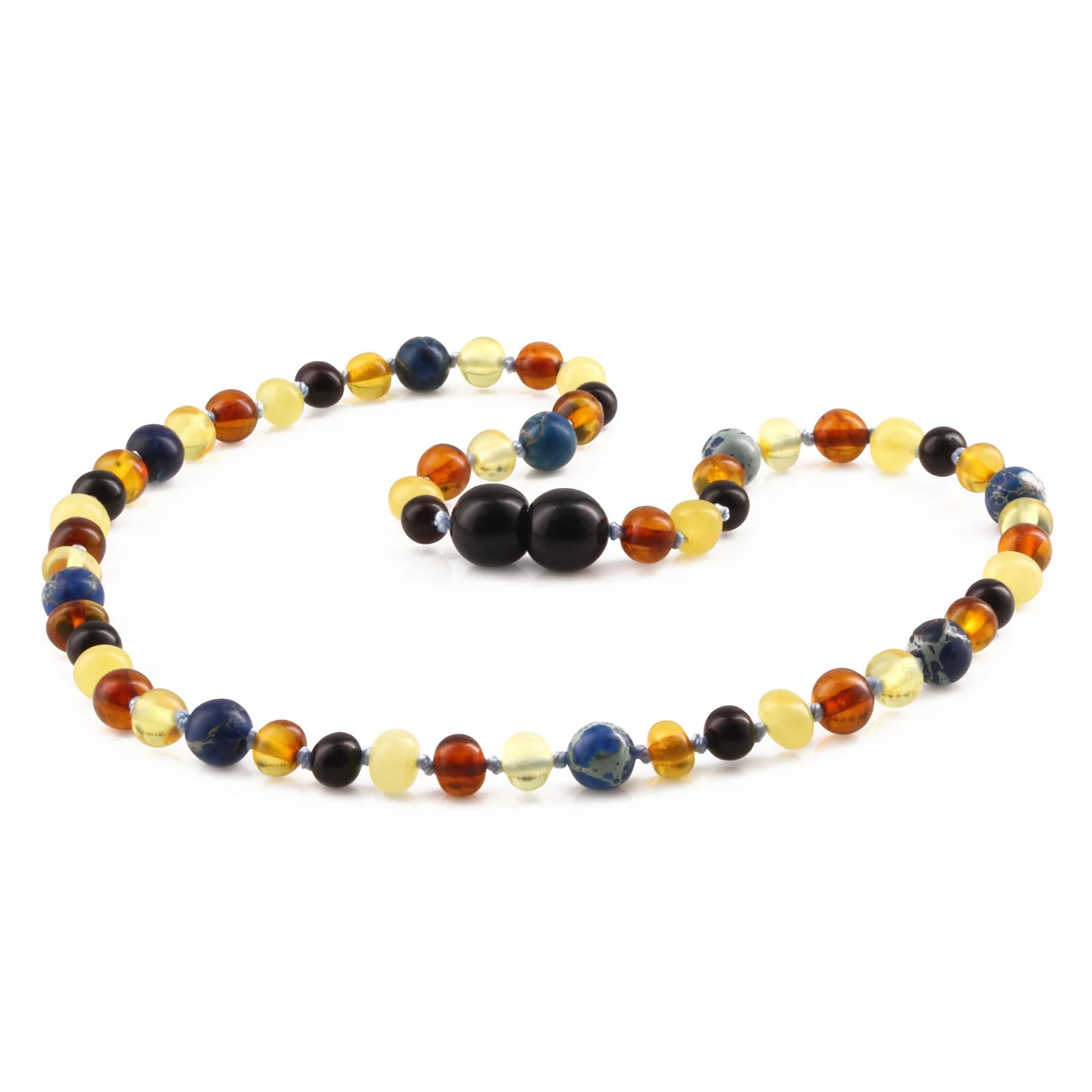 Natural Baltic Amber Junior Necklace with Deep Blue Imperial Jasper. Baroque 5mm - JN101