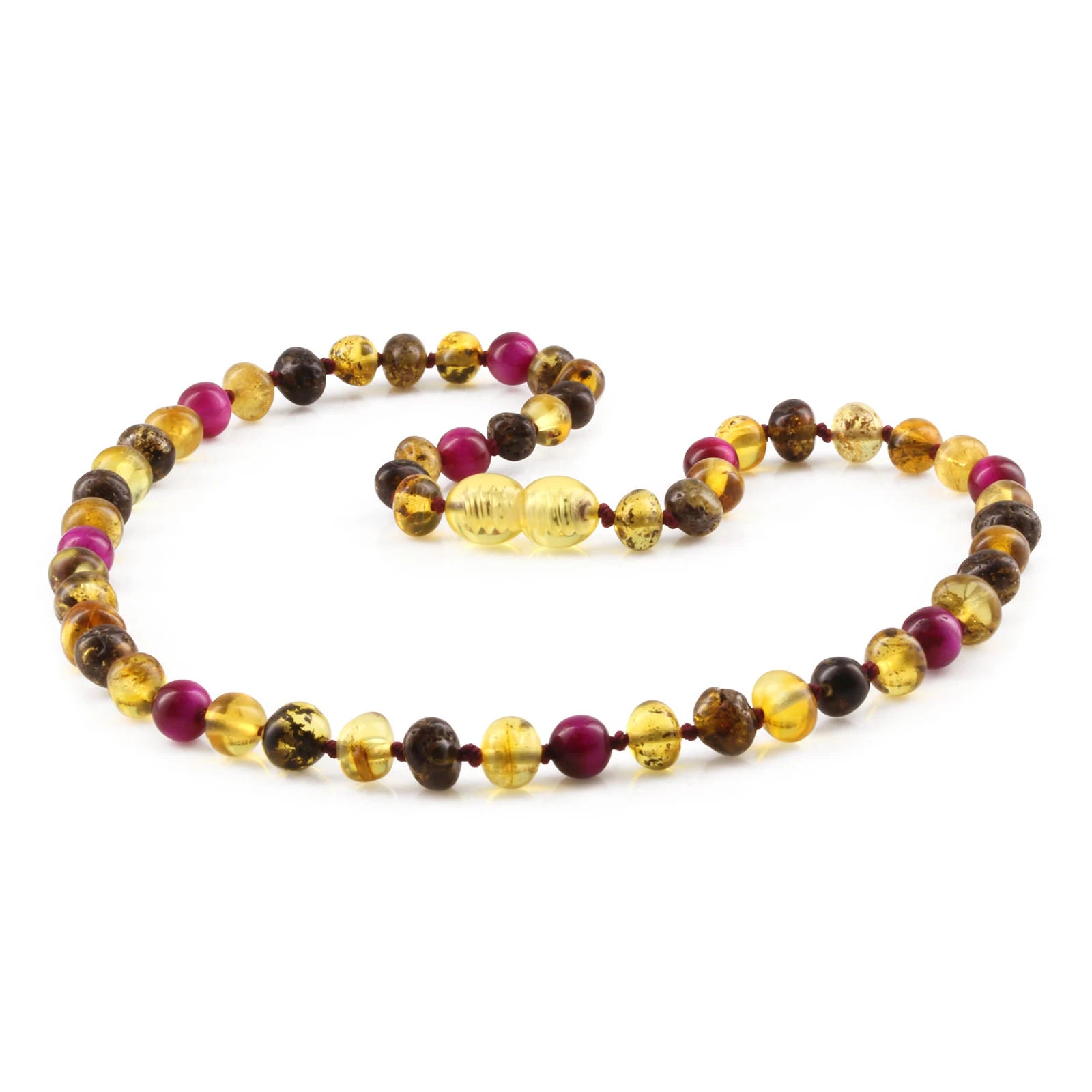 Natural Baltic Amber Junior Necklace with Magenta Tiger Eye. Baroque 5mm - JN102
