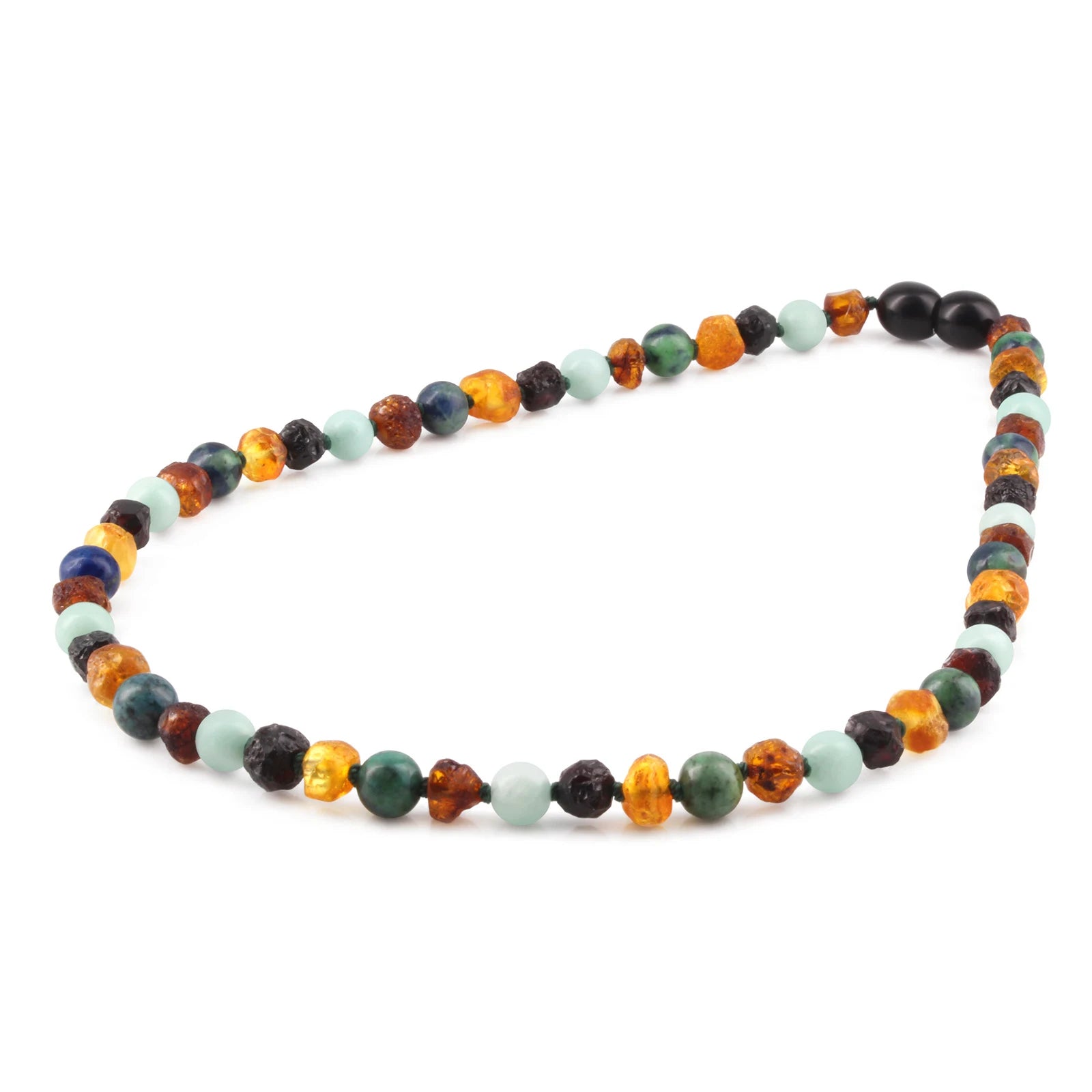 Natural Baltic Amber Junior Necklace with Sky Blue Jade & Azurite. Baroque 5mm - JN108