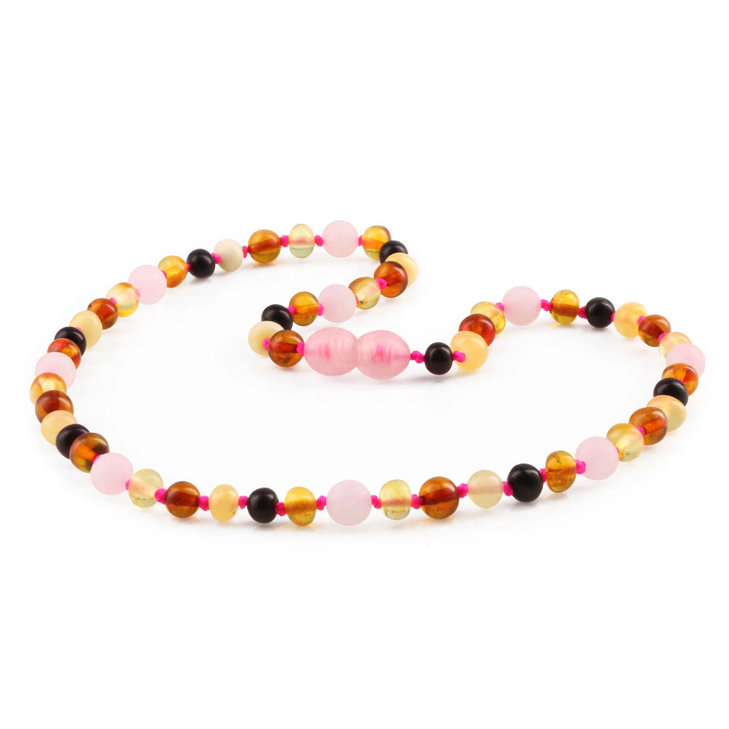 Natural Baltic Amber Junior Necklace with Rose Quartz. Baroque 5mm - JN99