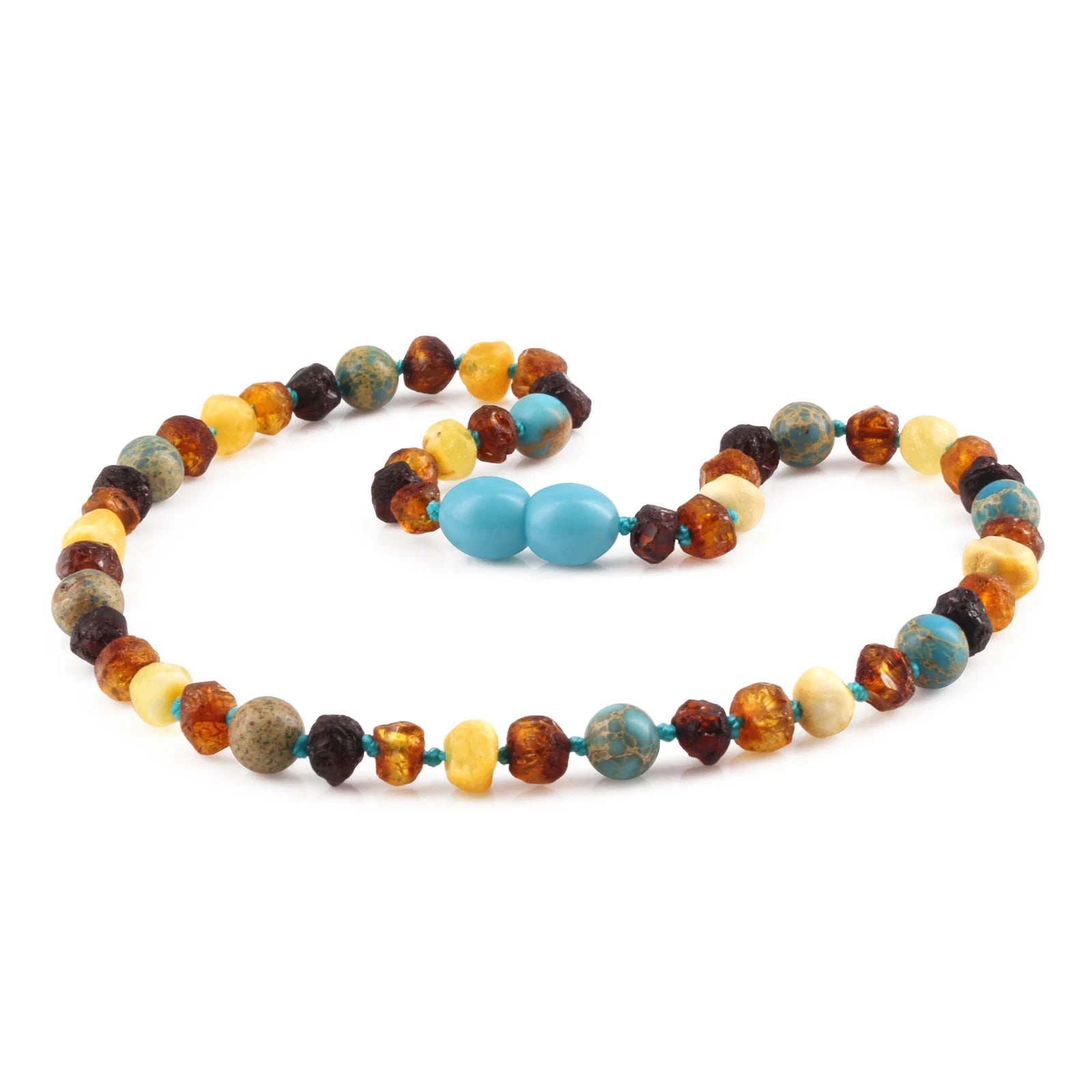 Baltic Amber Teething Necklace with Lake Blue Imperial Jasper. Baroque 5mm - LE471 V2