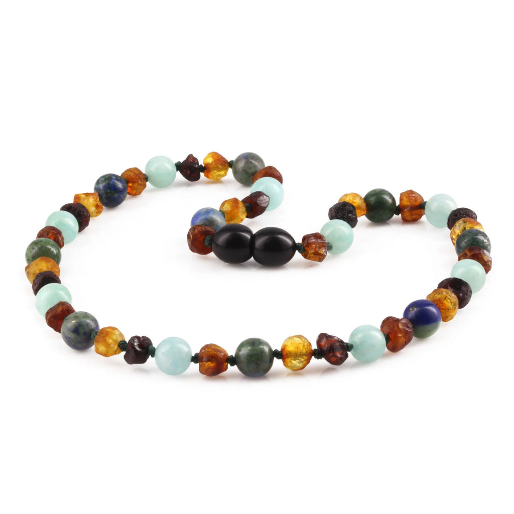 Baltic Amber Teething Necklace with Sky Blue Jade & Azurite. Baroque 5mm - LE470 V2