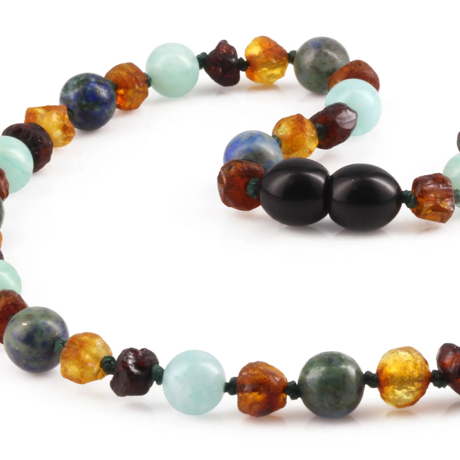 Baltic Amber Teething Necklace with Sky Blue Jade & Azurite. Baroque 5mm - LE470 V2