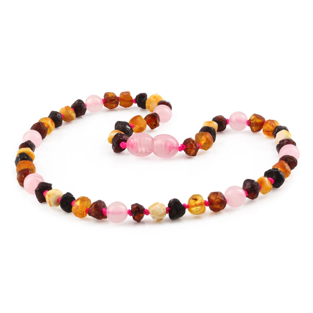 Baltic Amber Teething Necklace with Rose Quartz. Baroque 5mm - LE553