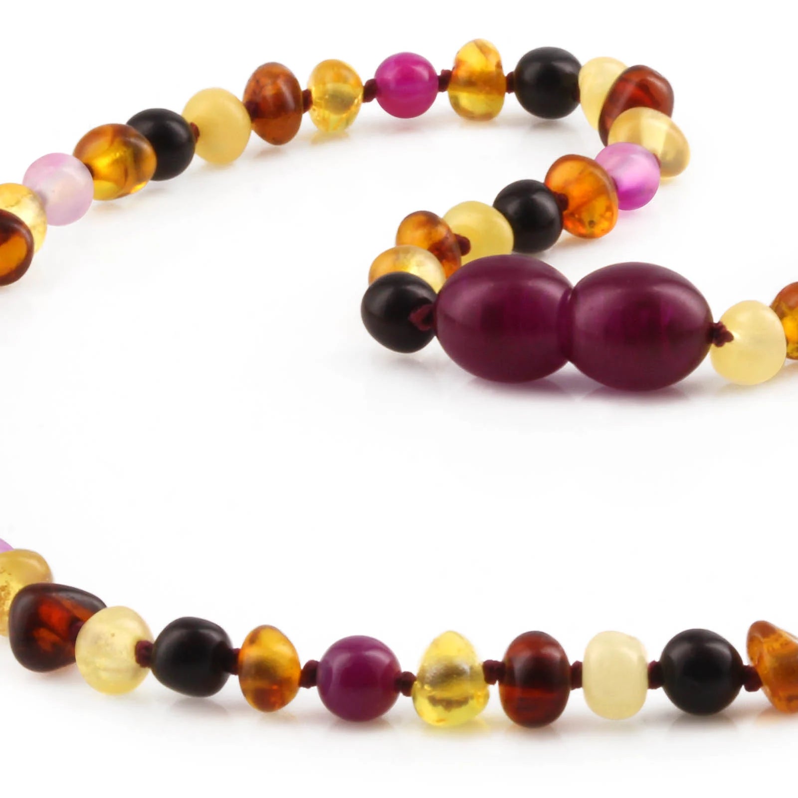 Baltic Amber Teething Necklace with Pink Lace Agate. Baroque 4mm - LE458-S